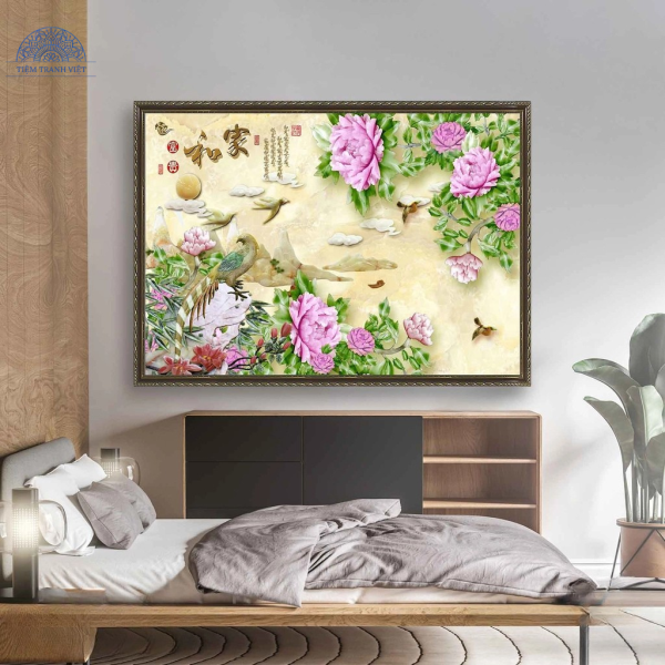 Tranh trang trí phong thủy chim và hoa mẫu đơn