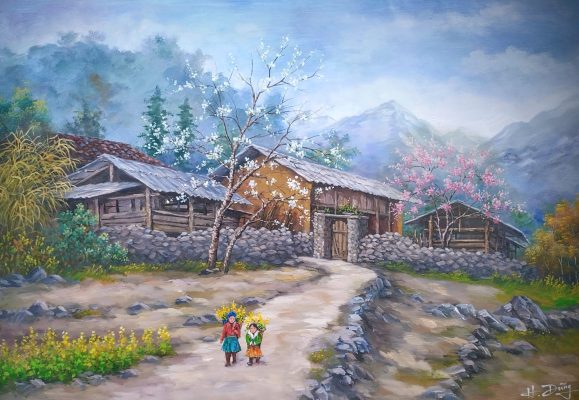 Tranh bản làng dưới sương mai