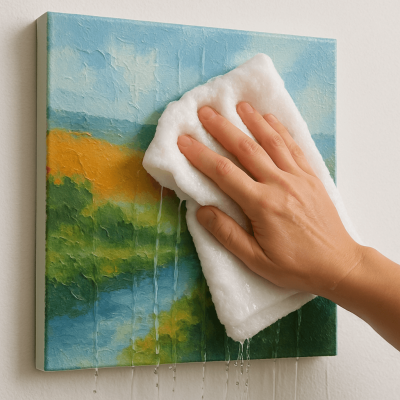 Vệ sinh tranh canvas bằng khăn quá ướt